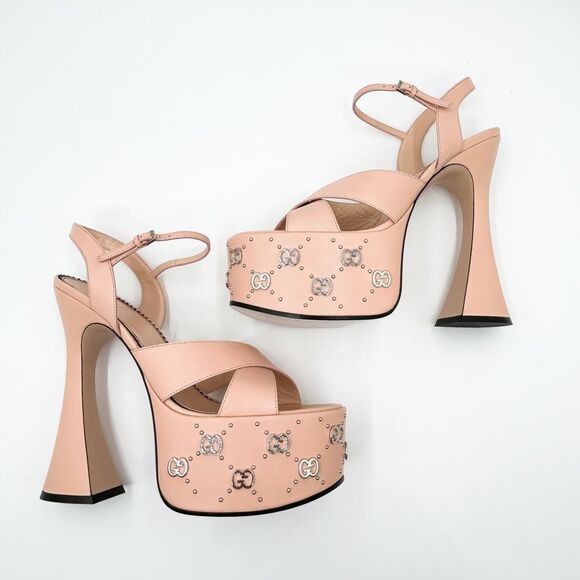 Gucci Janaya GG Studded Platform Sandals EU 40 US 10 Pink Leather High Heel - Picture 13 of 14